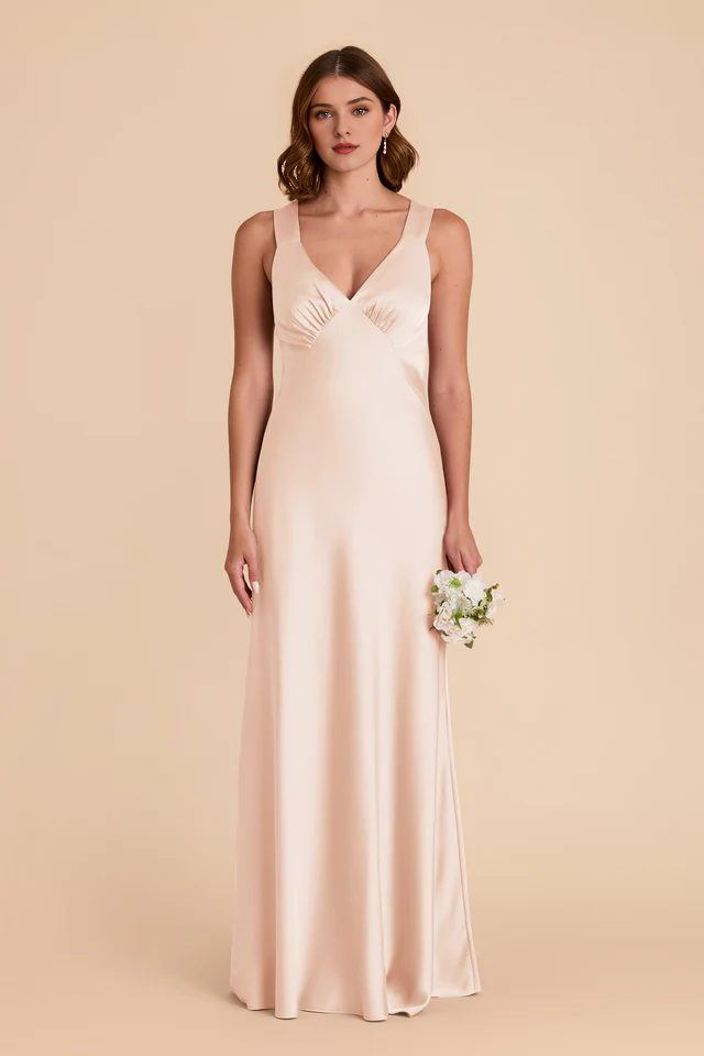 A-line skirt with crossed back and deep V-shaped matte satin bridesmaid dress