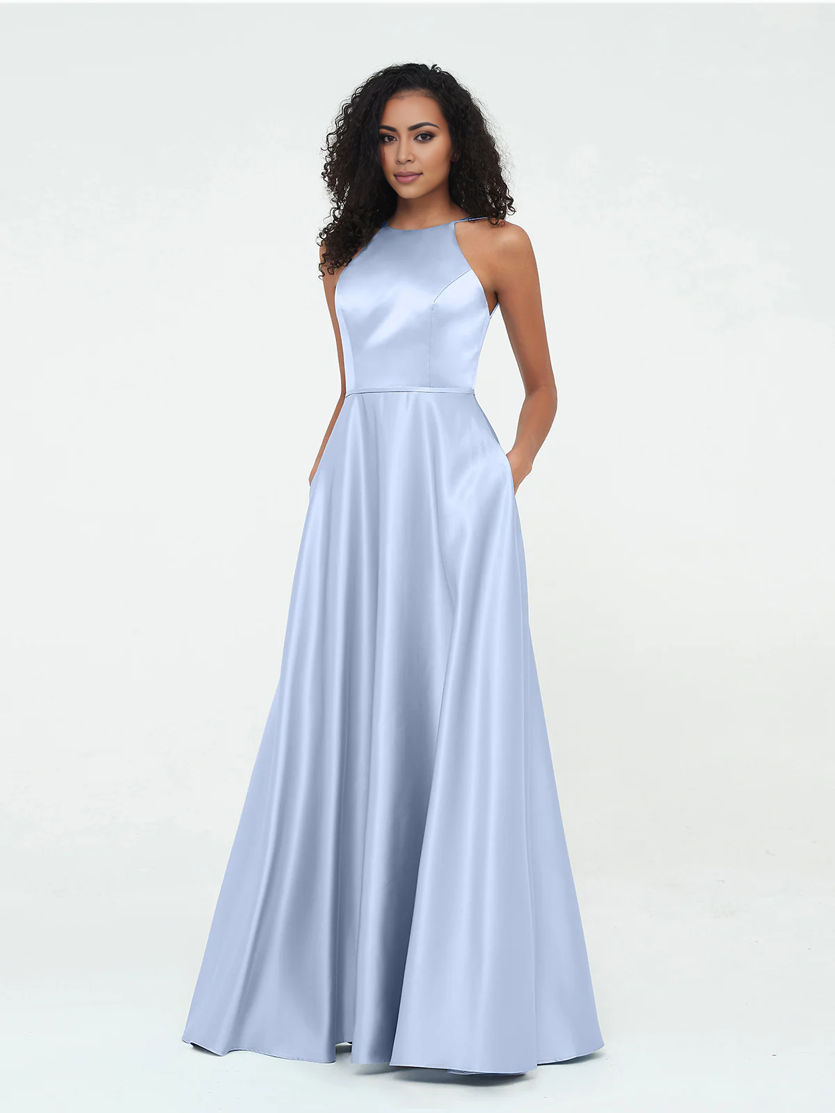 A-line hanging neck large pocket satin dress