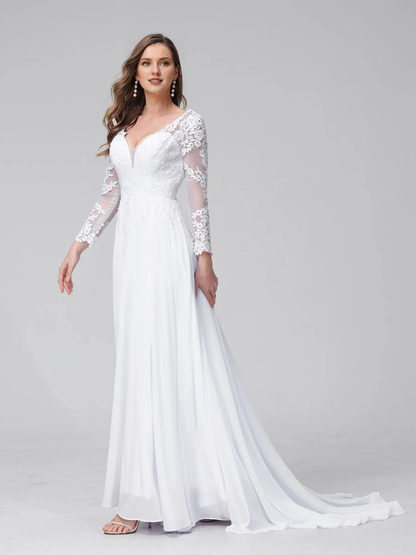 A-line V-neck long sleeved lace applique long chiffon wedding dress