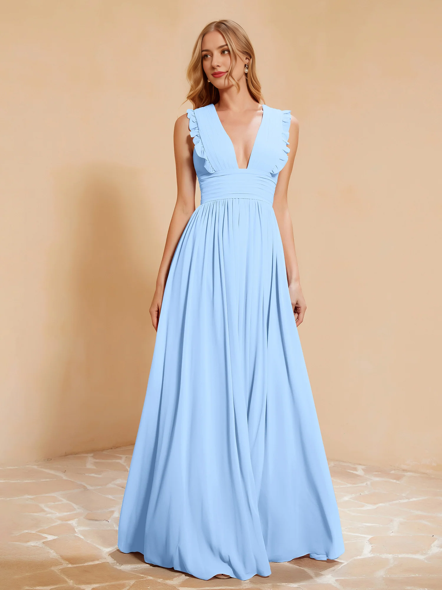 Deep V-neck ruffled pleated bridesmaid dress