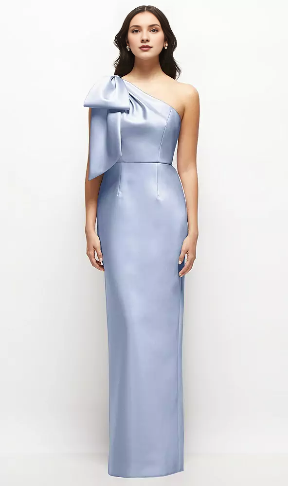 One shoulder bow satin long bridesmaid dress