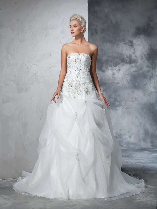 Ball gown strapless beaded sleeveless long organza wedding dress