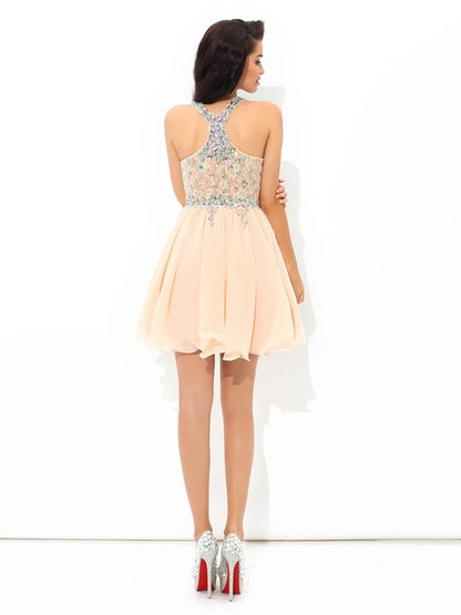 A-Line/Princess Straps Rhinestone Sleeveless Short Chiffon Cocktail Dresses