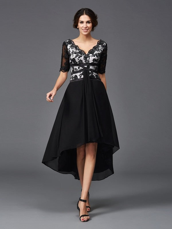 A-Line/Princess V-neck Lace 1/2 Sleeves High Low Chiffon Dresses