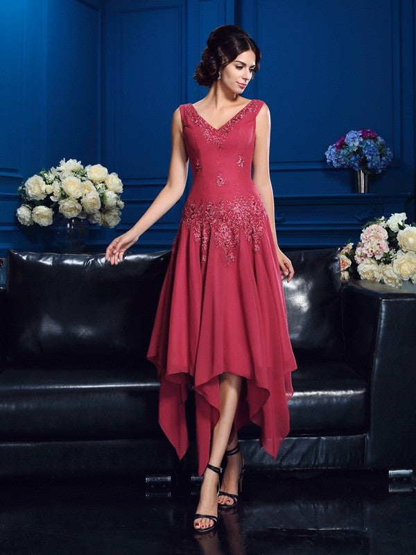 A-Line/Princess V-neck Applique Sleeveless High Low Chiffon Mother of the Bride Dresses