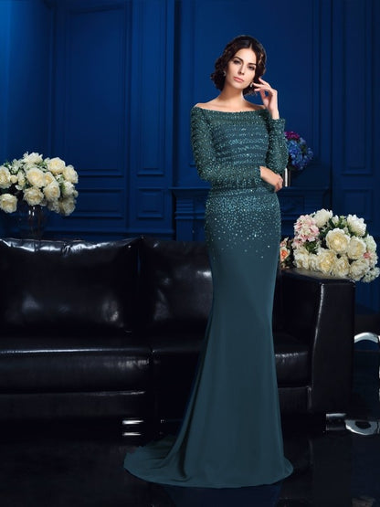 Sheath/Column Off-the-Shoulder Beading Long Sleeves Long Chiffon Mother of the Bride Dresses