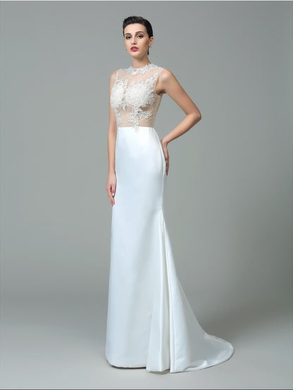 Sheath/Column Jewel Applique Sleeveless Long Satin Dresses