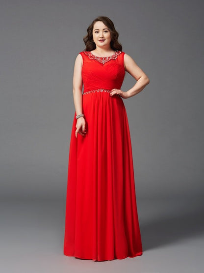 A-Line/Princess Scoop Beading Sleeveless Long Chiffon Plus Size DressesA-Line/Princess Scoop Beading Sleeveless Long Chiffon Plus Size Dresses