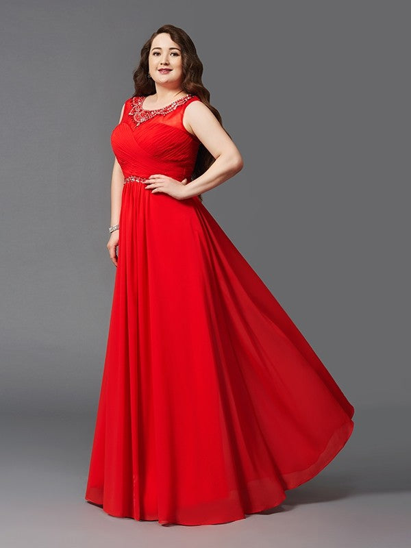 A-Line/Princess Scoop Beading Sleeveless Long Chiffon Plus Size DressesA-Line/Princess Scoop Beading Sleeveless Long Chiffon Plus Size Dresses