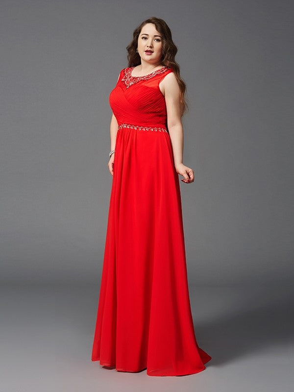 A-Line/Princess Scoop Beading Sleeveless Long Chiffon Plus Size DressesA-Line/Princess Scoop Beading Sleeveless Long Chiffon Plus Size Dresses