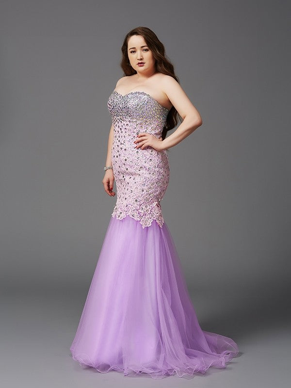 Trumpet/Mermaid Sweetheart Beading Sleeveless Long Net Plus Size Dresses