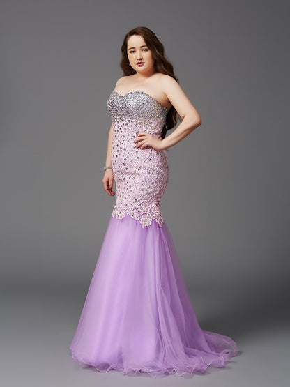 Trumpet/Mermaid Sweetheart Beading Sleeveless Long Net Plus Size Dresses