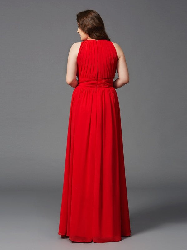 A-Line/Princess Jewel Ruched Sleeveless Long Chiffon Plus Size Dresses