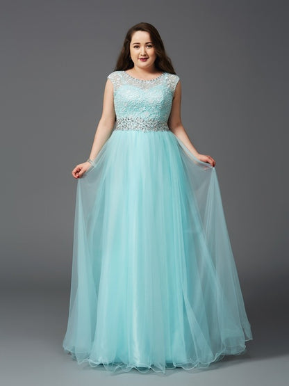 A-Line/Princess Scoop Rhinestone Sleeveless Long Tulle Plus Size Dresses