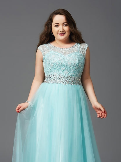 A-Line/Princess Scoop Rhinestone Sleeveless Long Tulle Plus Size Dresses