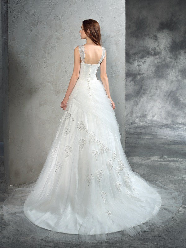 Ball Gown Straps Applique Sleeveless Long Net Wedding Dresses