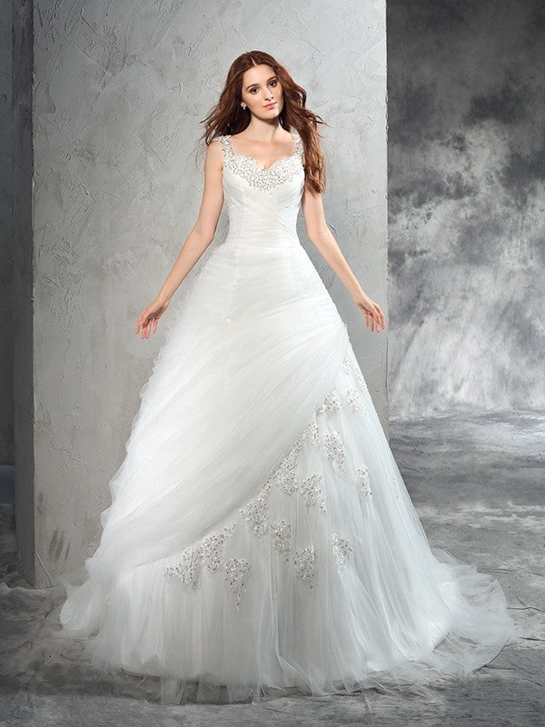 Ball Gown Straps Applique Sleeveless Long Net Wedding Dresses