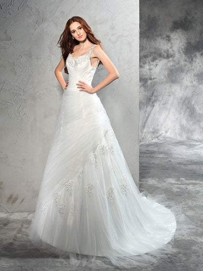 Ball Gown Straps Applique Sleeveless Long Net Wedding Dresses