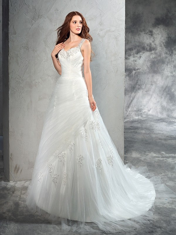 Ball Gown Straps Applique Sleeveless Long Net Wedding Dresses