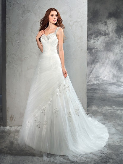 Ball Gown Straps Applique Sleeveless Long Net Wedding Dresses