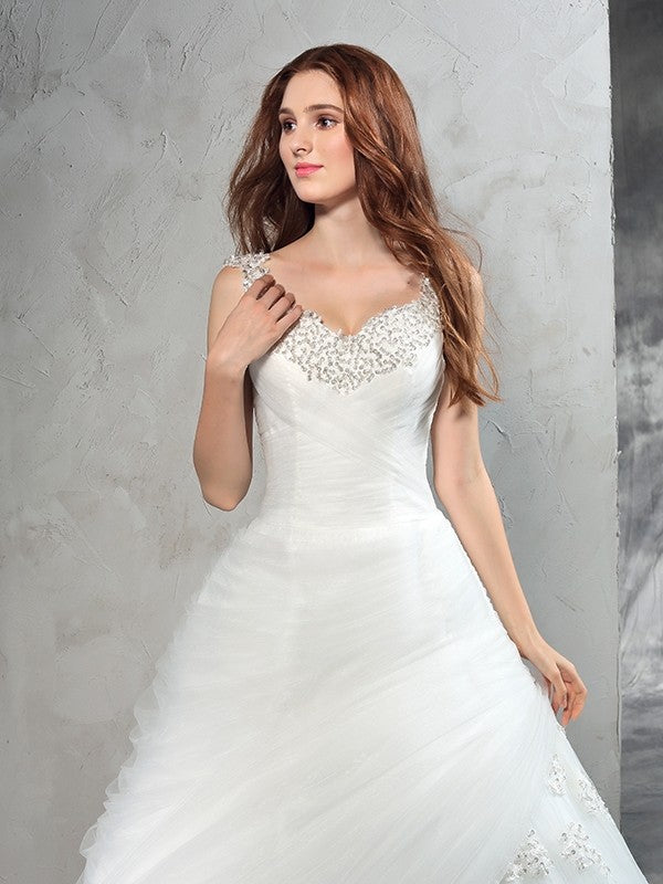 Ball Gown Straps Applique Sleeveless Long Net Wedding Dresses