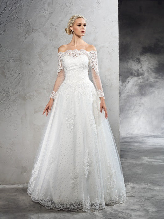 Ball Gown Off-the-Shoulder Lace Long Sleeves Long Net Wedding Dresses