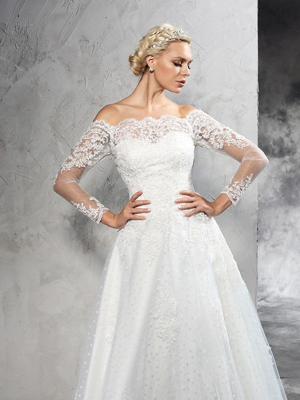 Ball Gown Off-the-Shoulder Lace Long Sleeves Long Net Wedding Dresses ...