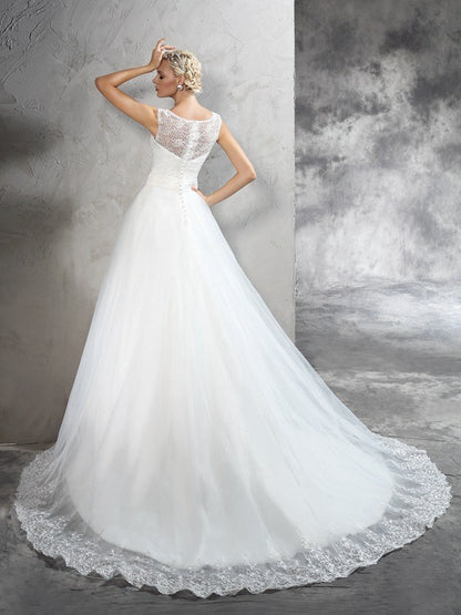 Ball Gown Sheer Neck Sash/Ribbon/Belt Sleeveless Long Net Wedding Dresses