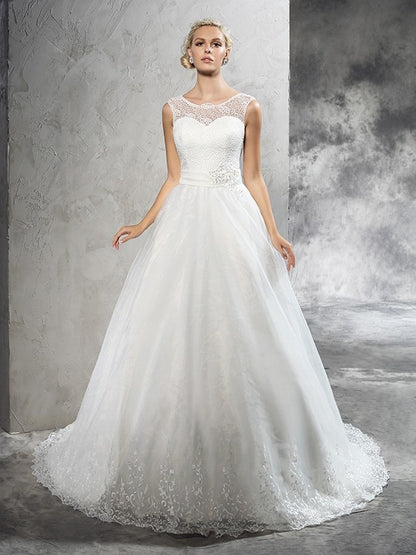 Ball Gown Sheer Neck Sash/Ribbon/Belt Sleeveless Long Net Wedding Dresses