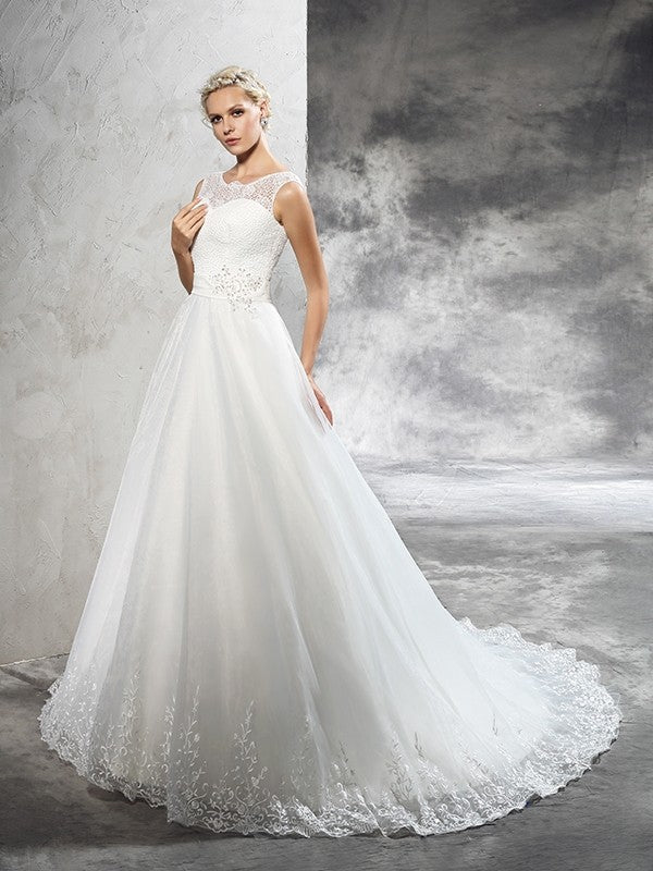 Ball Gown Sheer Neck Sash/Ribbon/Belt Sleeveless Long Net Wedding Dresses