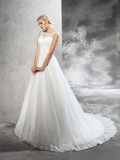 Ball Gown Sheer Neck Sash/Ribbon/Belt Sleeveless Long Net Wedding Dresses