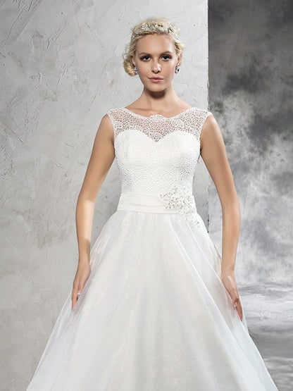 Ball Gown Sheer Neck Sash/Ribbon/Belt Sleeveless Long Net Wedding Dresses