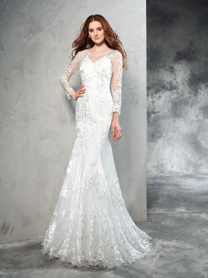 Sheath/Column Sheer Neck Lace Long Sleeves Long Net Wedding Dresses