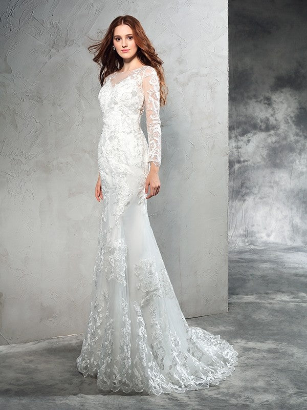 Sheath/Column Sheer Neck Lace Long Sleeves Long Net Wedding Dresses