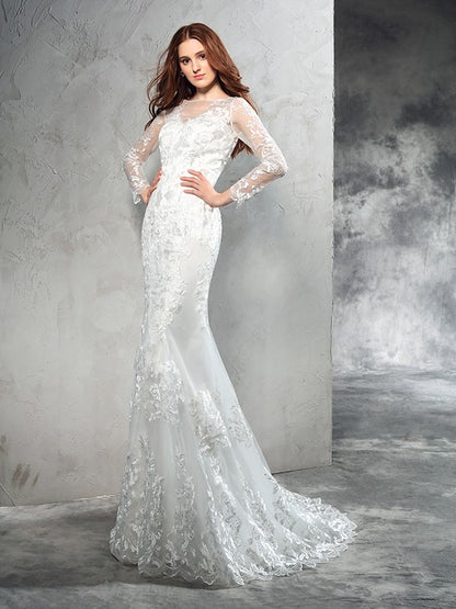 Sheath/Column Sheer Neck Lace Long Sleeves Long Net Wedding Dresses