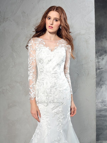 Sheath/Column Sheer Neck Lace Long Sleeves Long Net Wedding Dresses