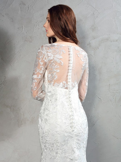 Sheath/Column Sheer Neck Lace Long Sleeves Long Net Wedding Dresses