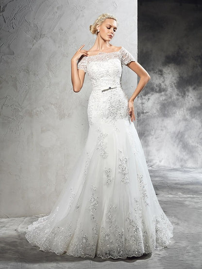 Sheath/Column Off-the-Shoulder Applique Short Sleeves Long Net Wedding Dresses