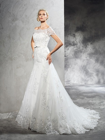 Sheath/Column Off-the-Shoulder Applique Short Sleeves Long Net Wedding Dresses