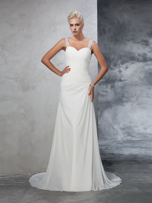 Trumpet/Mermaid Straps Ruched Sleeveless Long Chiffon Wedding Dresses