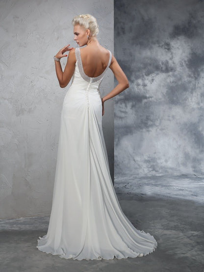 Trumpet/Mermaid Straps Ruched Sleeveless Long Chiffon Wedding Dresses