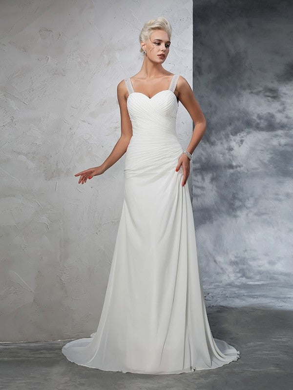 Trumpet/Mermaid Straps Ruched Sleeveless Long Chiffon Wedding Dresses