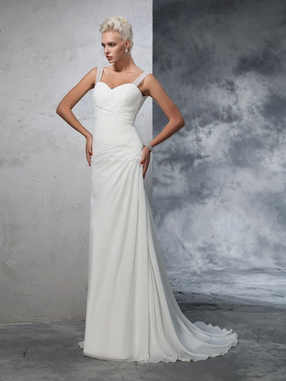 Trumpet/Mermaid Straps Ruched Sleeveless Long Chiffon Wedding Dresses