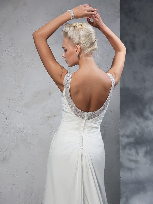 Trumpet/Mermaid Straps Ruched Sleeveless Long Chiffon Wedding Dresses