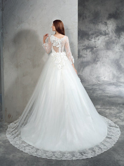 Ball Gown Sheer Neck Hand-Made Flower Long Sleeves Long Net Wedding Dresses