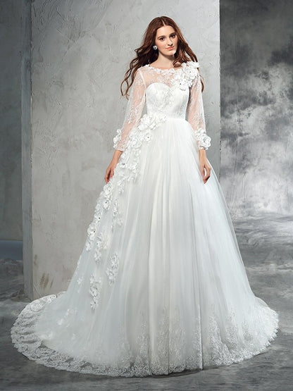 Ball Gown Sheer Neck Hand-Made Flower Long Sleeves Long Net Wedding Dresses