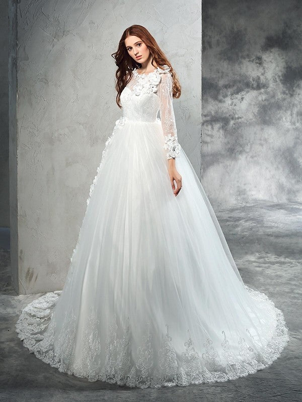 Ball Gown Sheer Neck Hand-Made Flower Long Sleeves Long Net Wedding Dresses