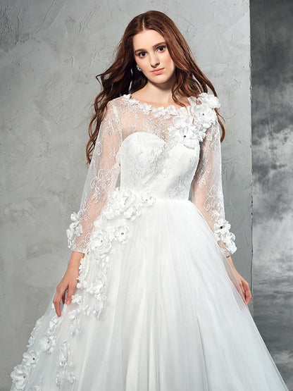 Ball Gown Sheer Neck Hand-Made Flower Long Sleeves Long Net Wedding Dresses