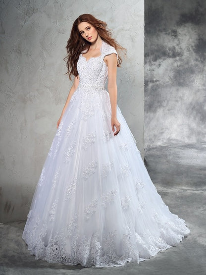 Ball Gown Sweetheart Lace Sleeveless Long Organza Wedding Dresses