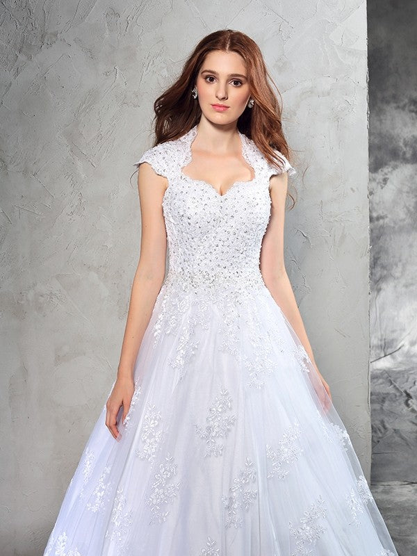 Ball Gown Sweetheart Lace Sleeveless Long Organza Wedding Dresses